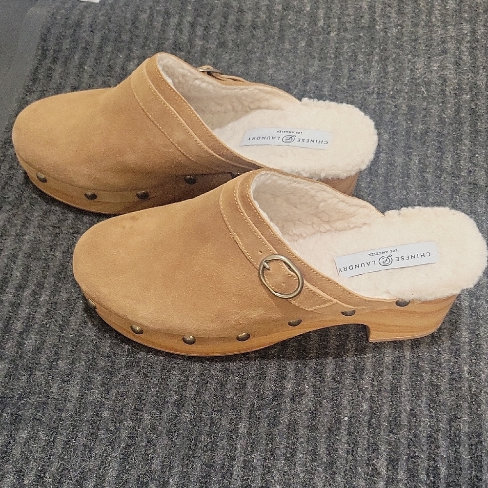 Chinese Laundry Brown Suede Clogs with Shearling
